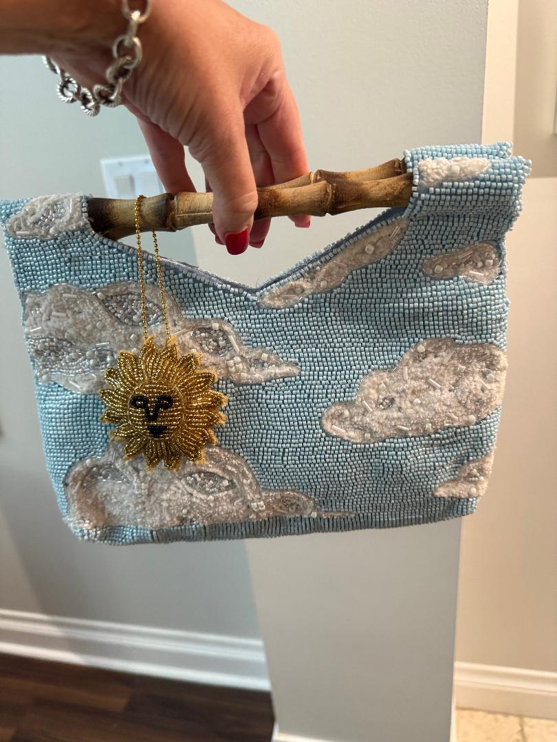 Trending Beaded Bags and Resort Collection - Sky Blue Cloud with Sun Bag Charm and Bamboo Handles