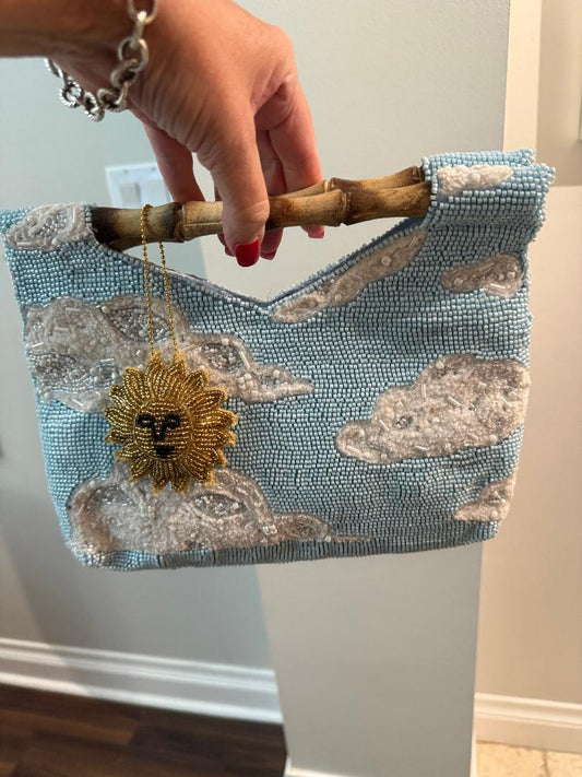 Trending Beaded Bags and Resort Collection - Sky Blue Cloud with Sun Bag Charm and Bamboo Handles