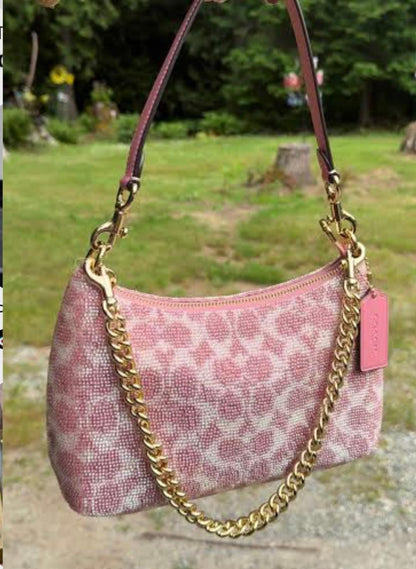 Trending Beaded Bags and Resort Collection - Coach Pink Teri Beaded Bag with Gold Chain