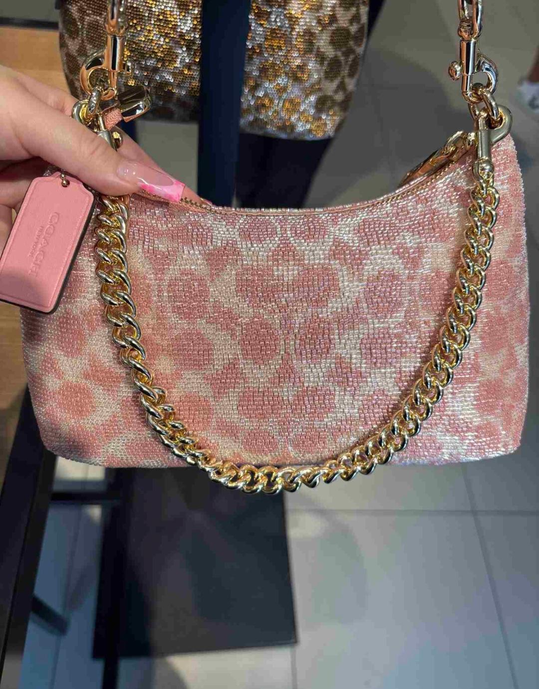 Trending Beaded Bags and Resort Collection - Coach Pink Teri Beaded Bag with Gold Chain