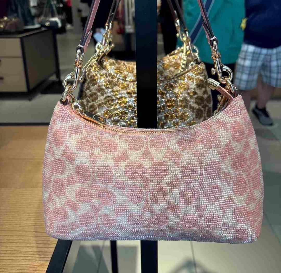 Trending Beaded Bags and Resort Collection - Coach Pink Teri Beaded Bag with Gold Chain