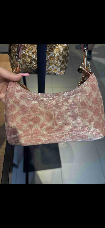 Trending Beaded Bags and Resort Collection - Coach Pink Teri Beaded Bag with Gold Chain