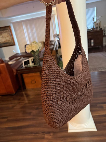 Trending Beaded Bags and Resort Collection - COACH Brown Raffia Shoulder Bag