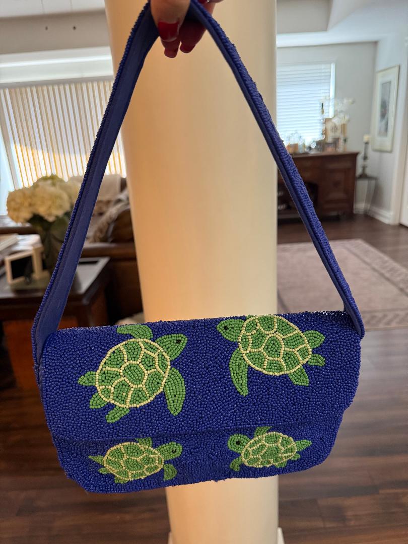 Trending Beaded Bags and Resort Collection - Cobalt Blue Sea Turtle Beaded Shoulder Bag
