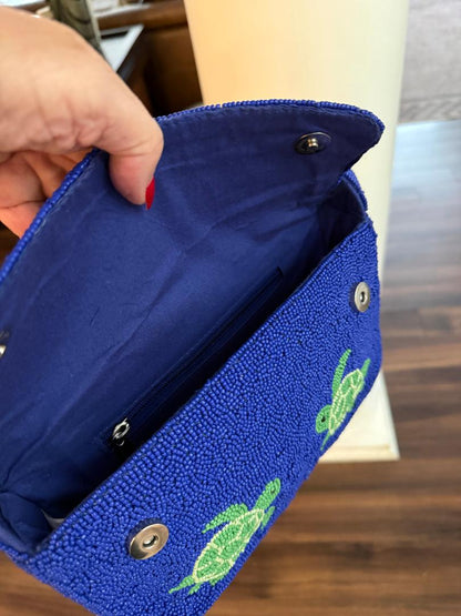 Trending Beaded Bags and Resort Collection - Cobalt Blue Sea Turtle Beaded Shoulder Bag