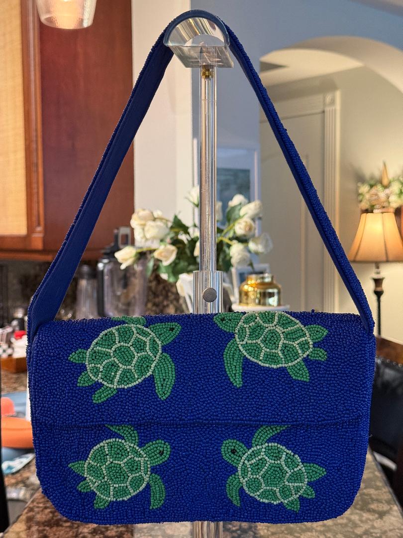 Trending Beaded Bags and Resort Collection - Cobalt Blue Sea Turtle Beaded Shoulder Bag