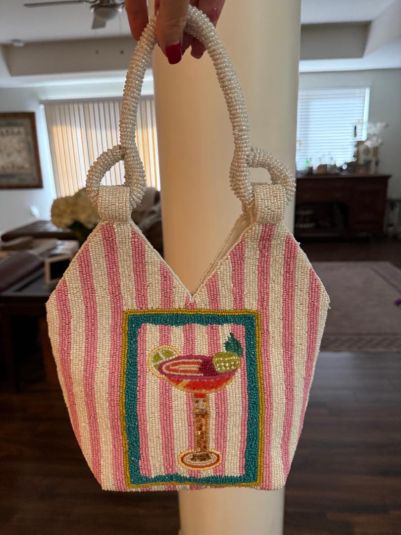 Trending Beaded Bags and Resort Collection - Pink & White Margarita Beaded Tote