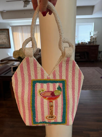 Trending Beaded Bags and Resort Collection - Pink & White Margarita Beaded Tote