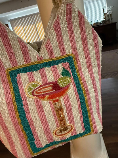 Trending Beaded Bags and Resort Collection - Pink & White Margarita Beaded Tote