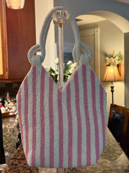 Trending Beaded Bags and Resort Collection - Pink & White Margarita Beaded Tote