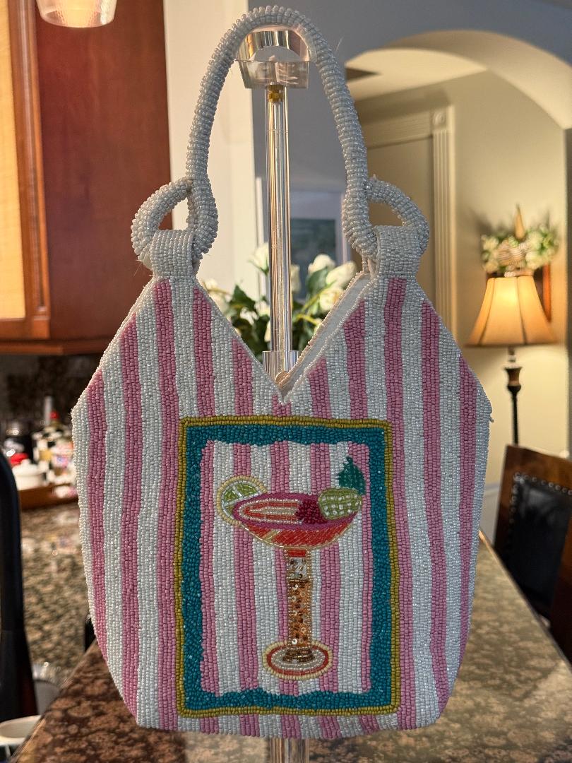 Trending Beaded Bags and Resort Collection - Pink & White Margarita Beaded Tote