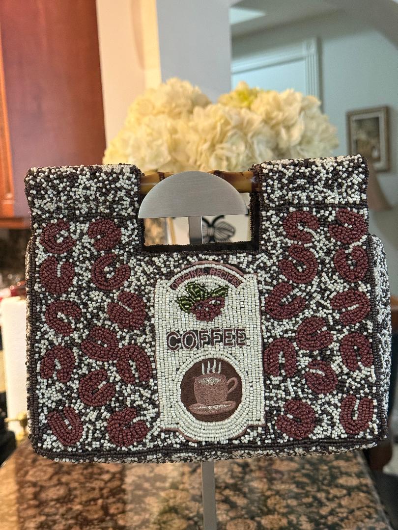 Trending Beaded Bags and Resort Collection - Coffee Beaded Clutch with Bamboo Handles