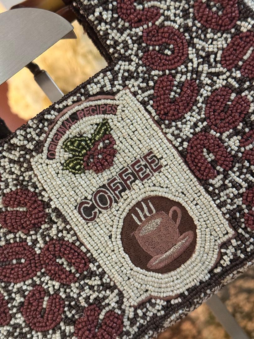 Trending Beaded Bags and Resort Collection - Coffee Beaded Clutch with Bamboo Handles