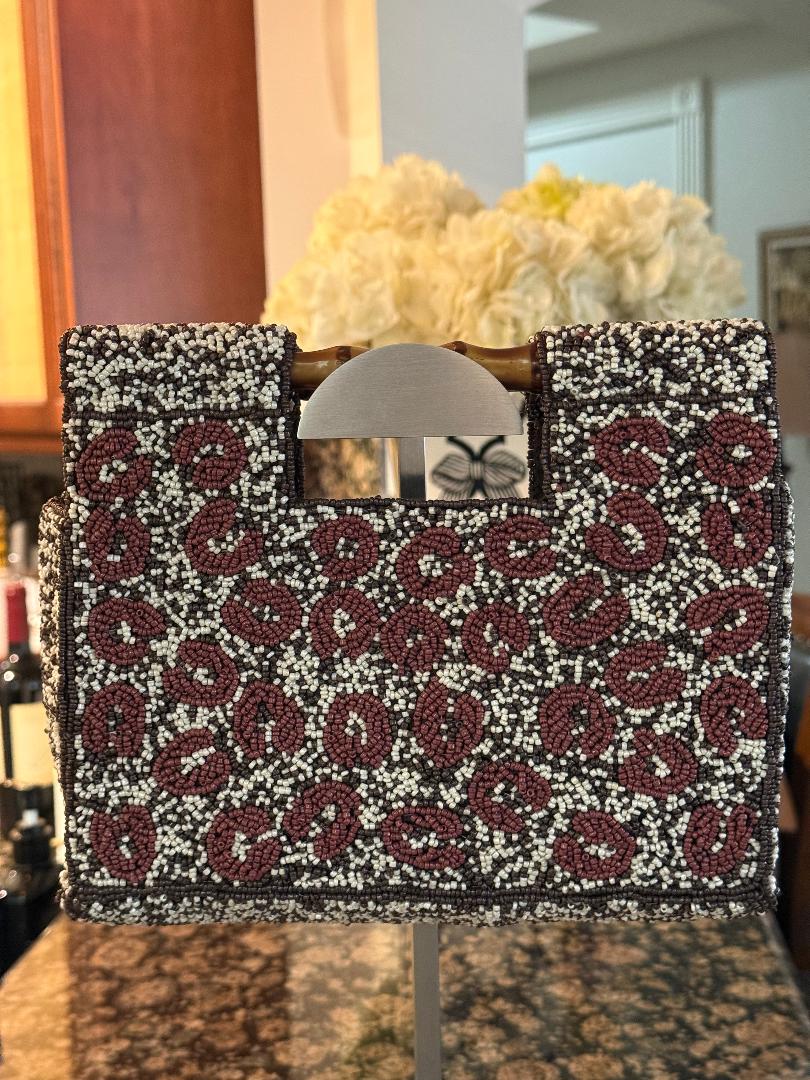 Trending Beaded Bags and Resort Collection - Coffee Beaded Clutch with Bamboo Handles