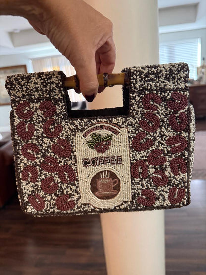 Trending Beaded Bags and Resort Collection - Coffee Beaded Clutch with Bamboo Handles