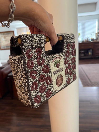 Trending Beaded Bags and Resort Collection - Coffee Beaded Clutch with Bamboo Handles