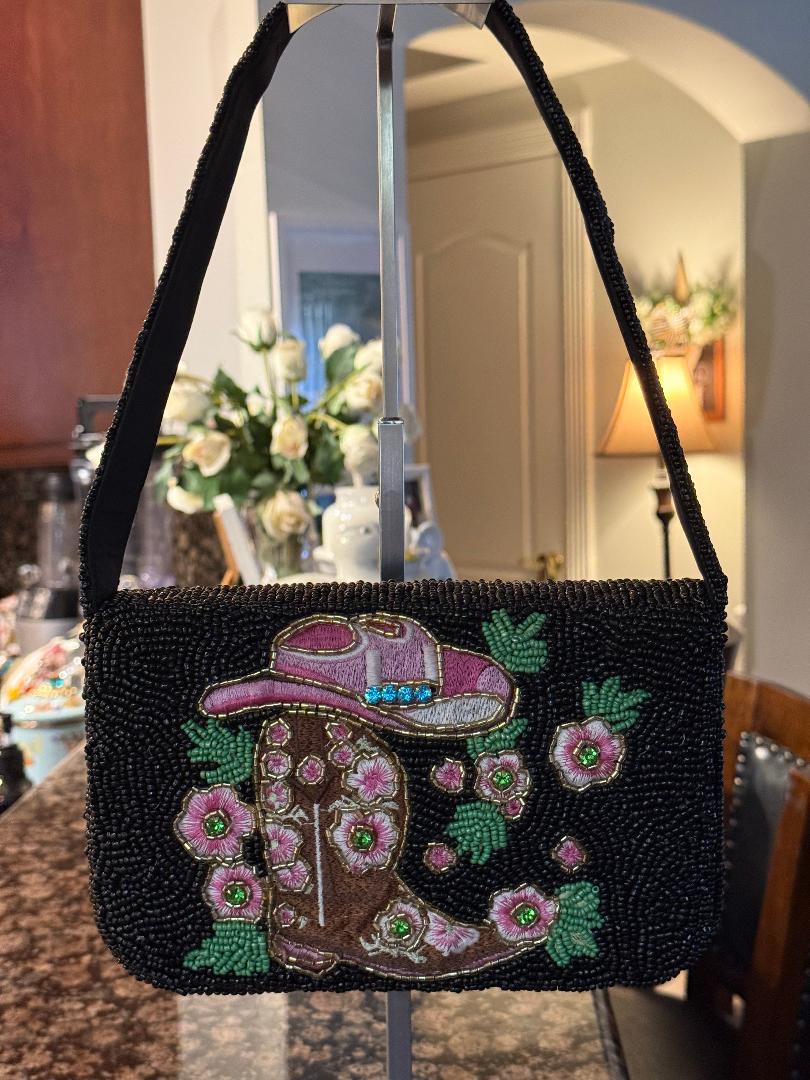 Trending Beaded Bag and Resort Collection - Black Cowboy Boots & Hat Beaded Shoulder Bag
