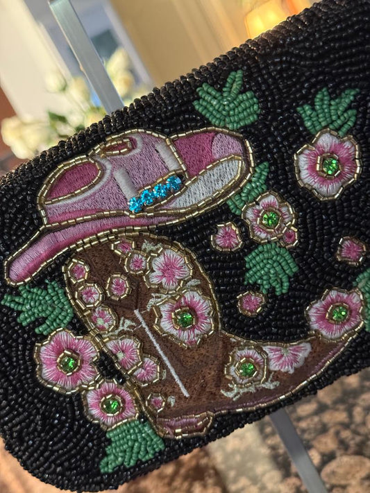 Trending Beaded Bag and Resort Collection - Black Cowboy Boots & Hat Beaded Shoulder Bag
