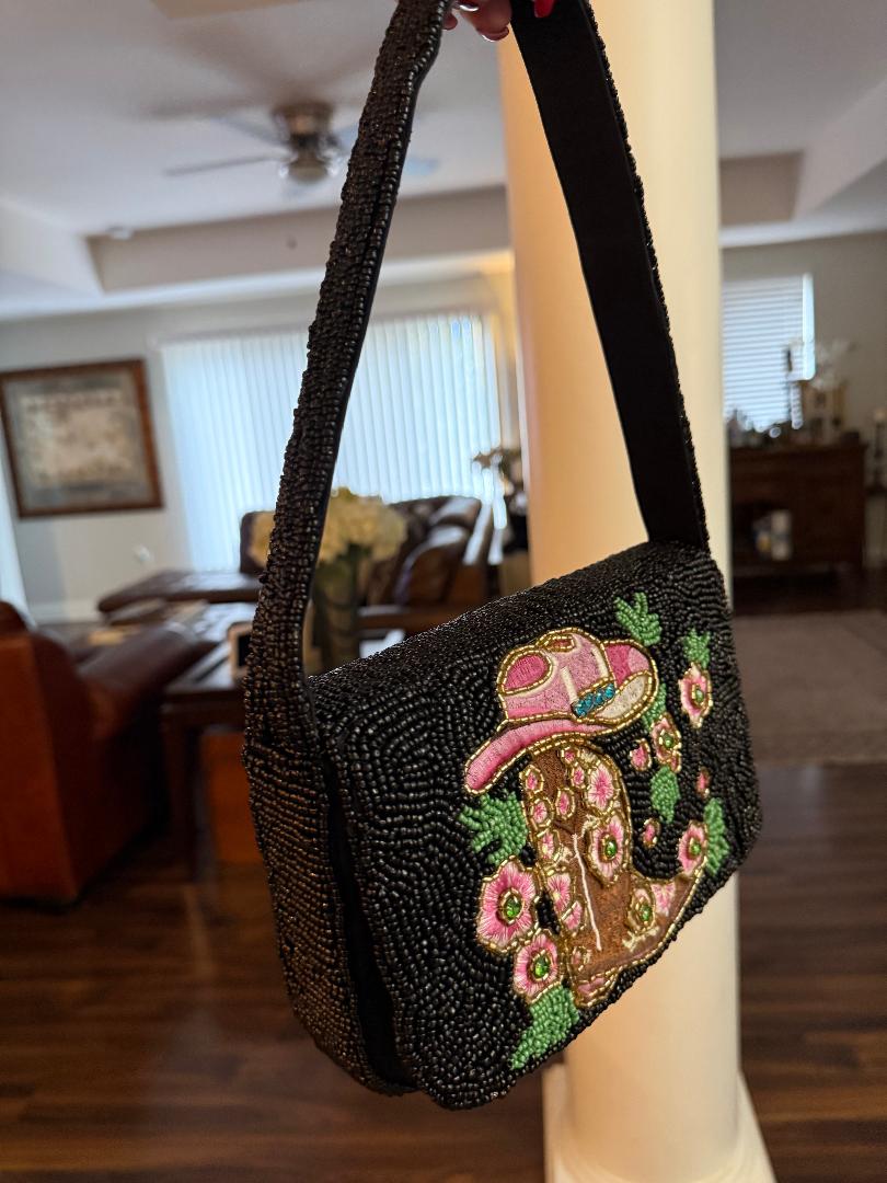 Trending Beaded Bag and Resort Collection - Black Cowboy Boots & Hat Beaded Shoulder Bag