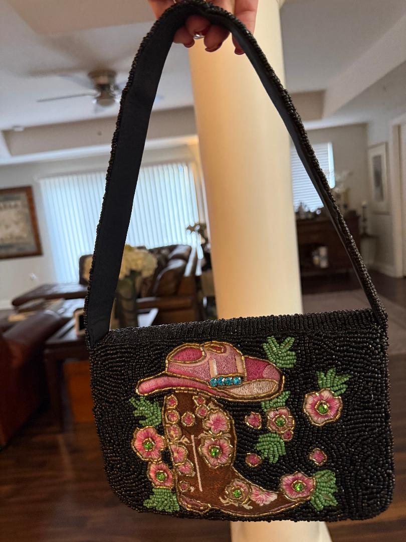 Trending Beaded Bag and Resort Collection - Black Cowboy Boots & Hat Beaded Shoulder Bag