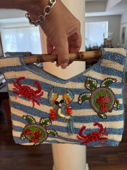 Trending Beaded Bags and Resort Collection - Beaded Crab Tote Bag with Bamboo Handle
