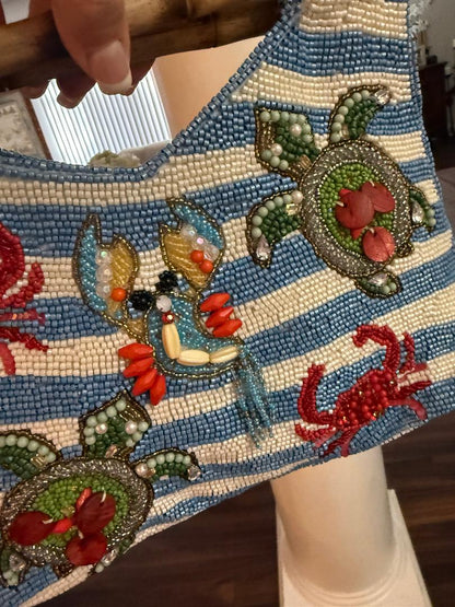 Trending Beaded Bags and Resort Collection - Beaded Crab Tote Bag with Bamboo Handle