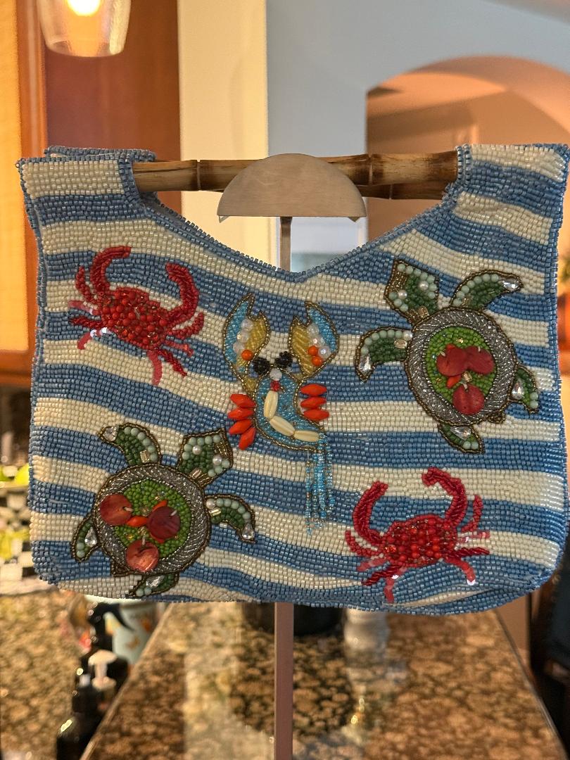 Trending Beaded Bags and Resort Collection - Beaded Crab Tote Bag with Bamboo Handle