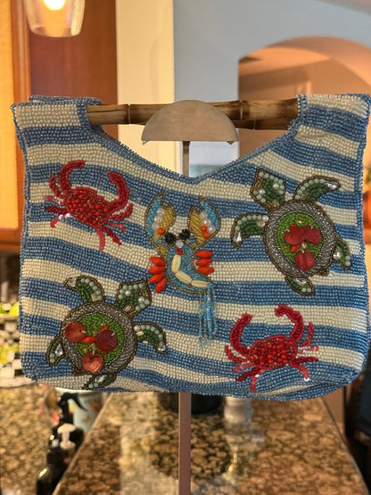 Trending Beaded Bags and Resort Collection - Beaded Crab Tote Bag with Bamboo Handle