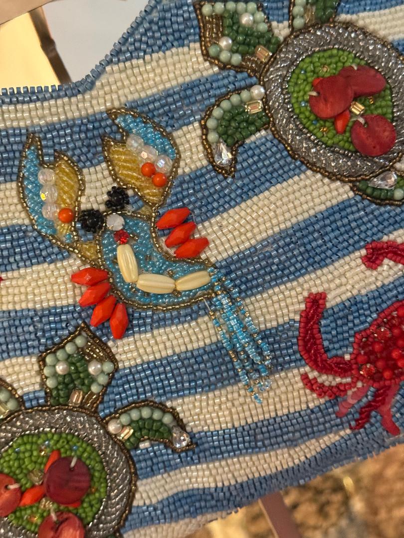 Trending Beaded Bags and Resort Collection - Beaded Crab Tote Bag with Bamboo Handle