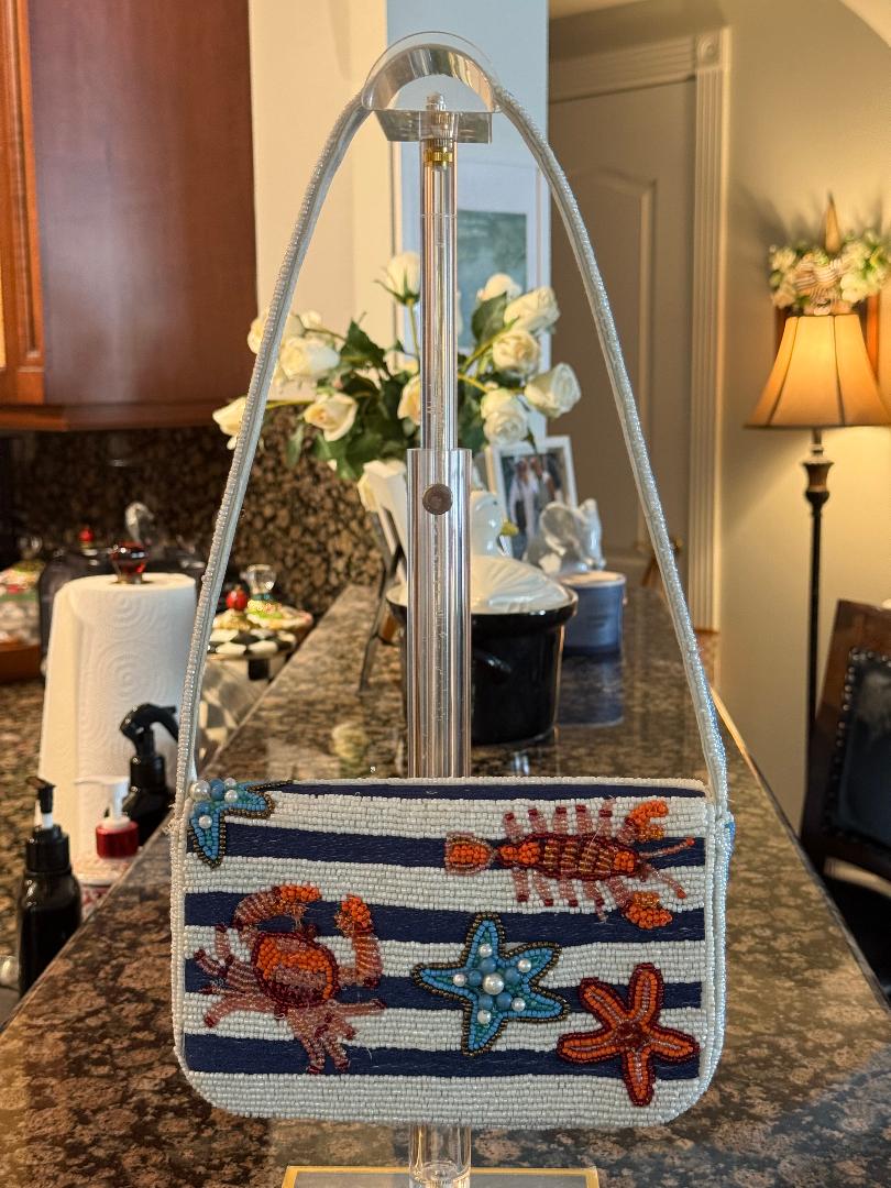 Trending Beaded Bags and Resort Collection - Navy White Striped Crab with Pearls