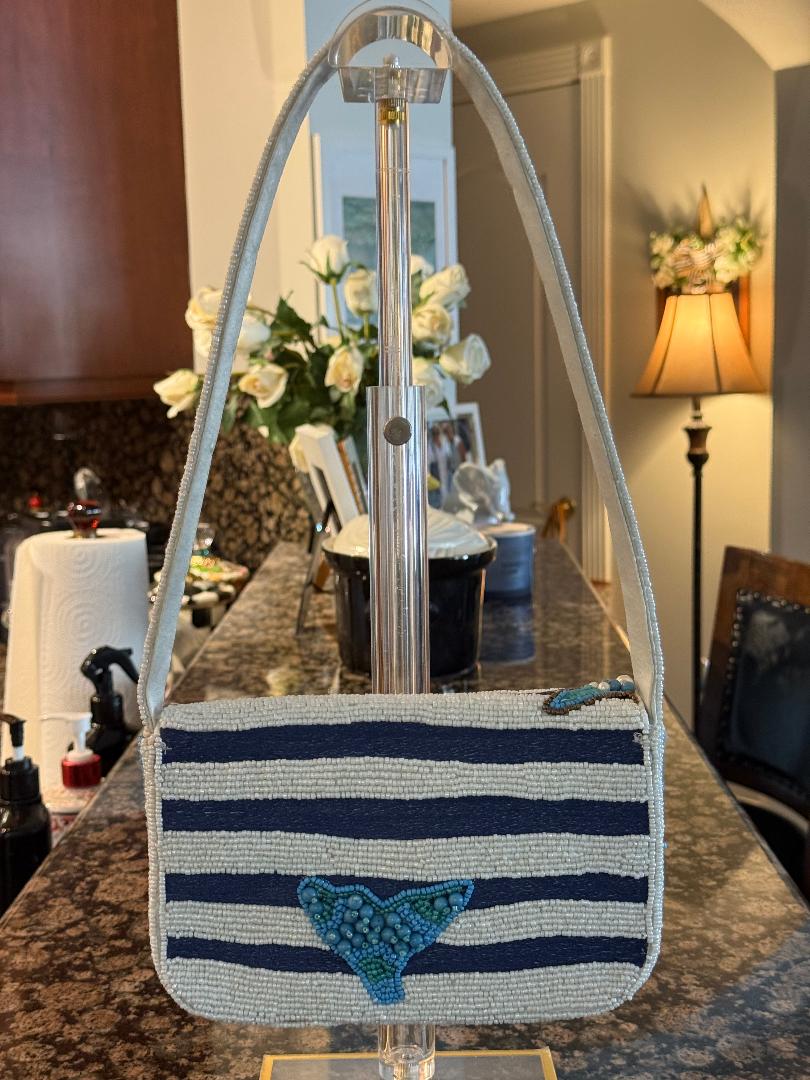 Trending Beaded Bags and Resort Collection - Navy White Striped Crab with Pearls