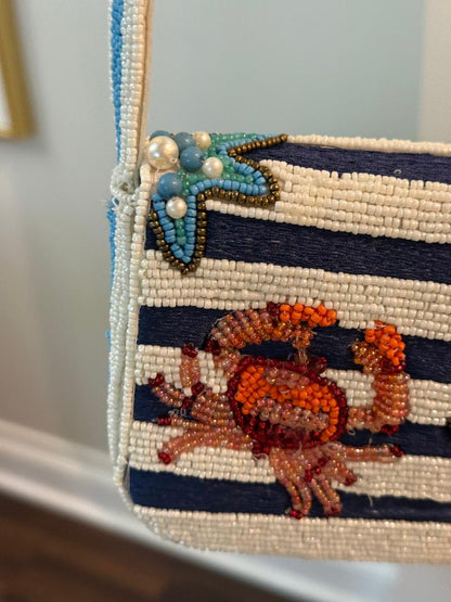 Trending Beaded Bags and Resort Collection - Navy White Striped Crab with Pearls