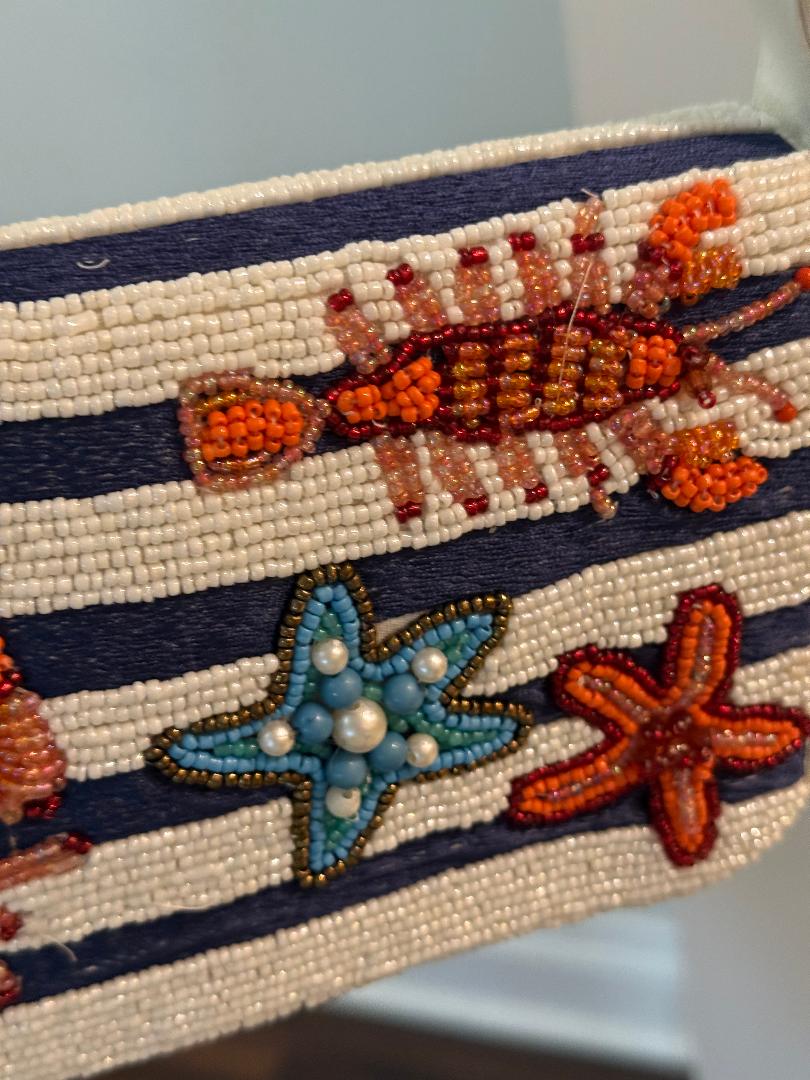 Trending Beaded Bags and Resort Collection - Navy White Striped Crab with Pearls