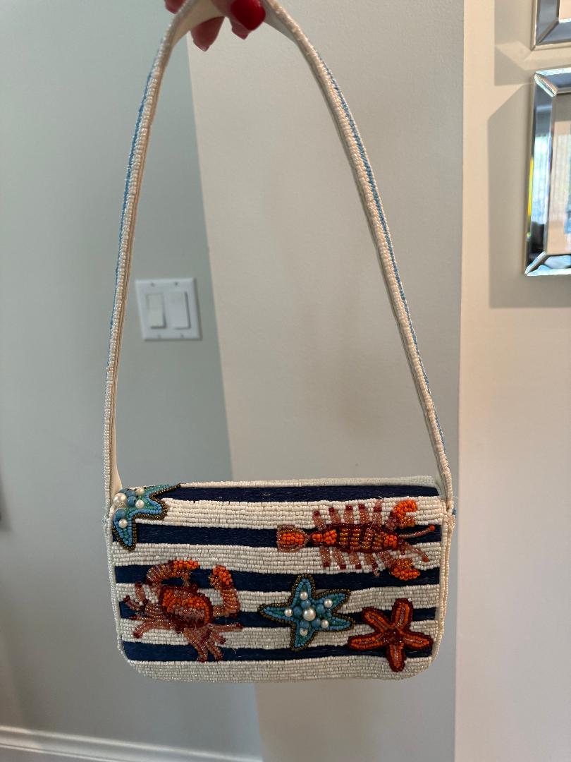 Trending Beaded Bags and Resort Collection - Navy White Striped Crab with Pearls