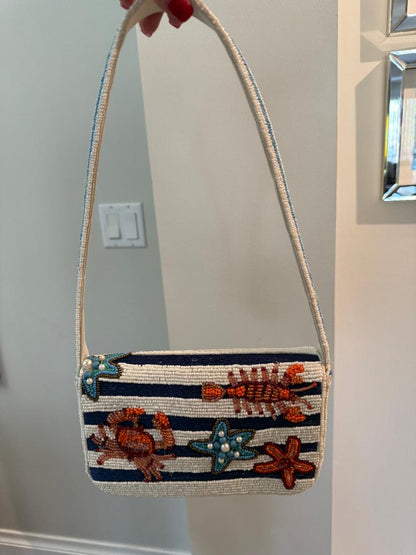 Trending Beaded Bags and Resort Collection - Navy White Striped Crab with Pearls