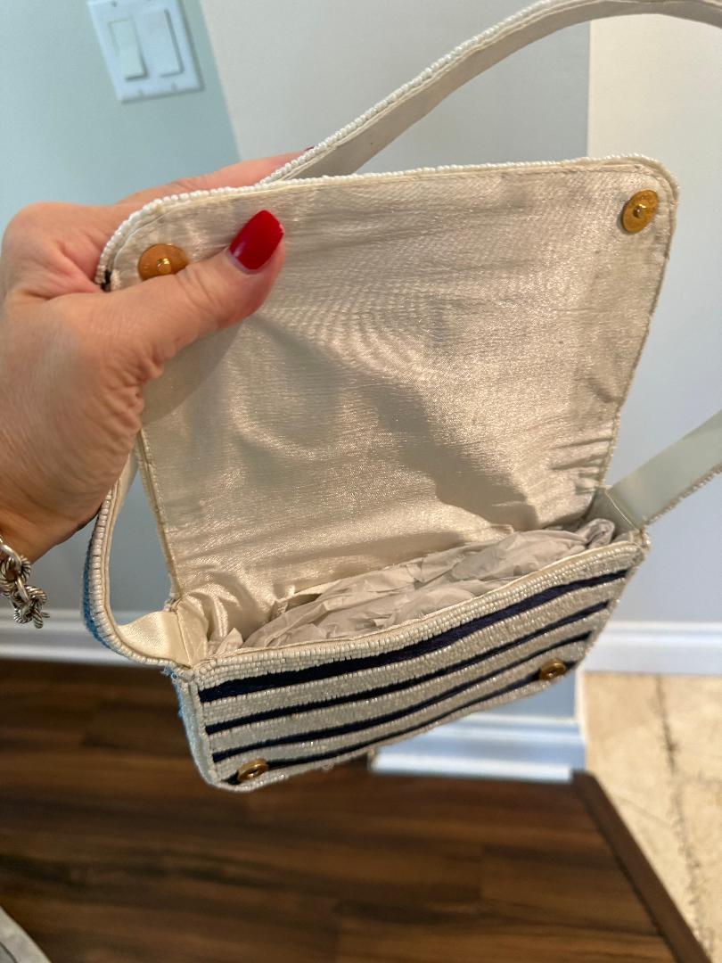 Trending Beaded Bags and Resort Collection - Navy White Striped Crab with Pearls