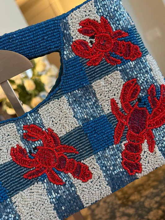 Trending Beaded Bags and Resort Collection - Crab Blue & White Plaid Tote with Crossbody Chain