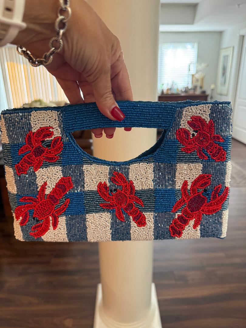 Trending Beaded Bags and Resort Collection - Crab Blue & White Plaid Tote with Crossbody Chain