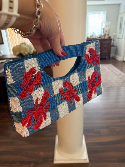 Trending Beaded Bags and Resort Collection - Crab Blue & White Plaid Tote with Crossbody Chain