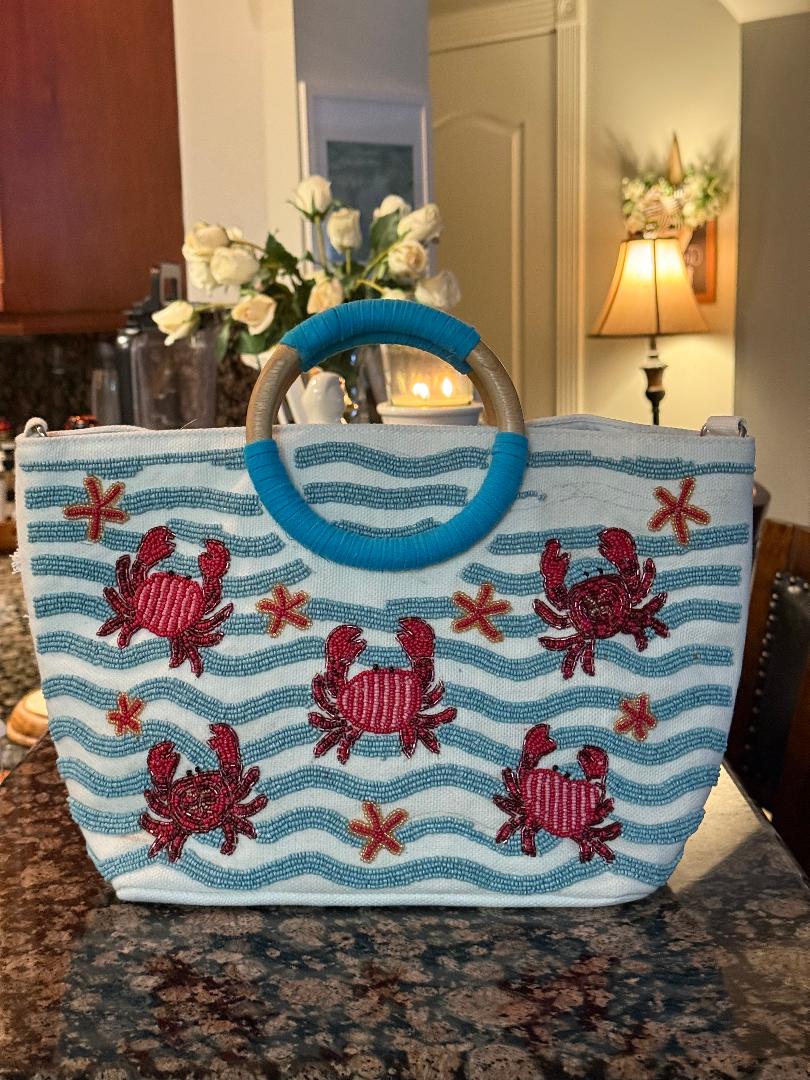 Trending Beaded Bags and Resort Collection - Sol Mer Beaded Crab Tote Bag