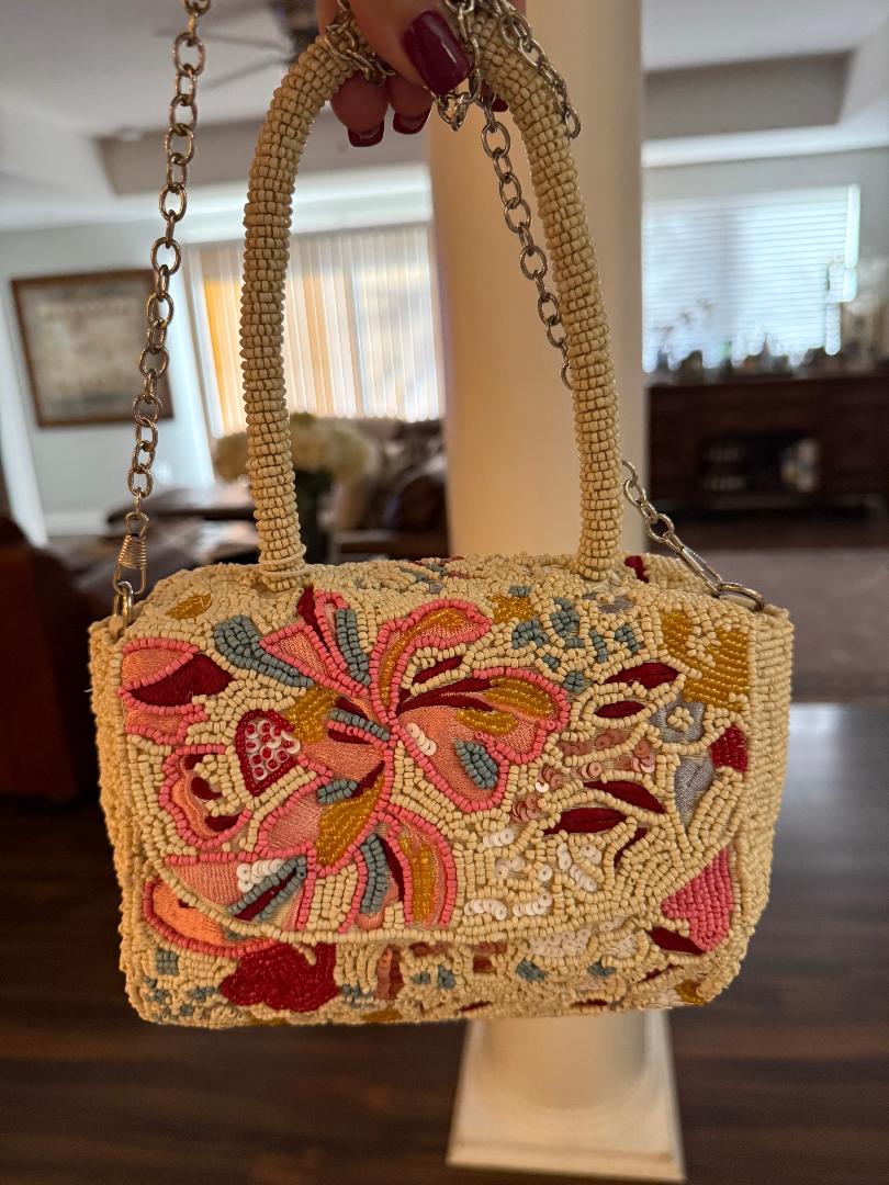 Trending Beaded Bags and Resort Collection - Cream Multi Floral Beaded Tote Bag with Crossbody Chain