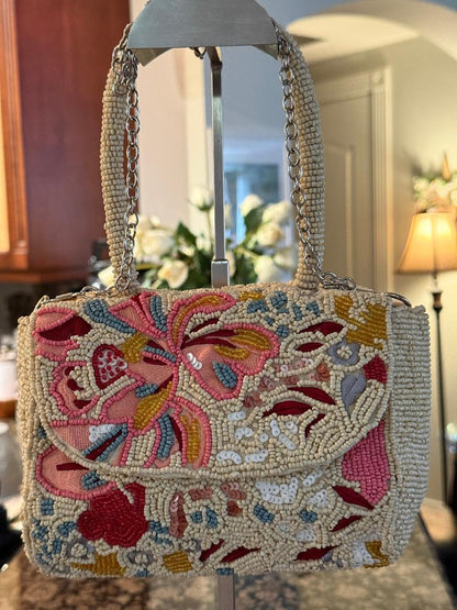 Trending Beaded Bags and Resort Collection - Cream Multi Floral Beaded Tote Bag with Crossbody Chain