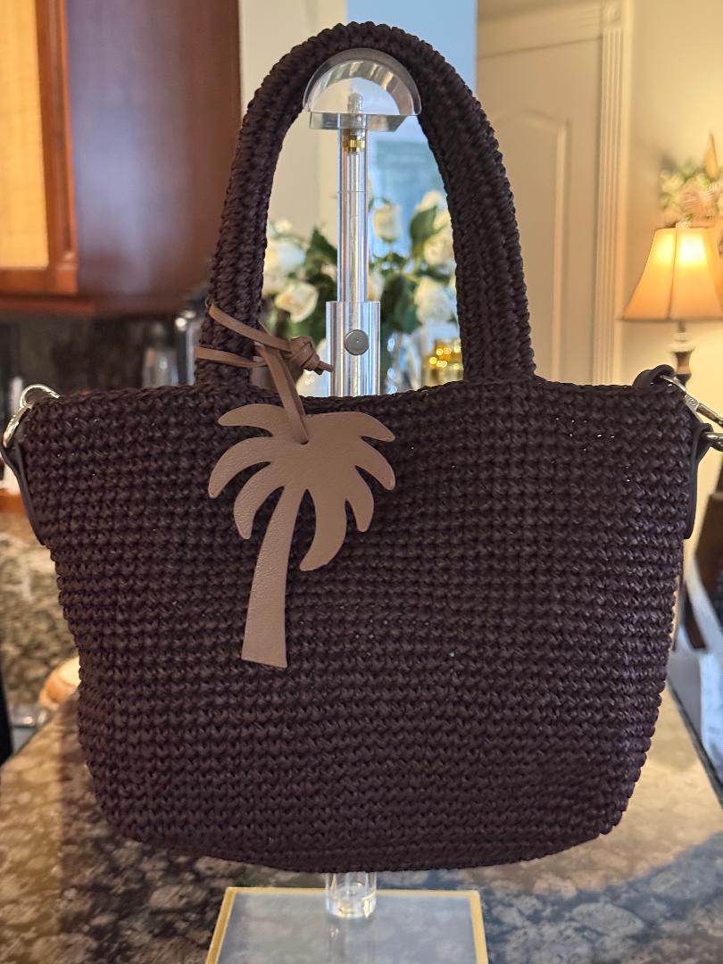 Trending Beaded Bags and Resort Collection - Brown Small Wicker Tote with Palm Tree Charm