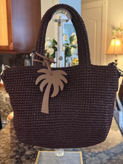 Trending Beaded Bags and Resort Collection - Brown Small Wicker Tote with Palm Tree Charm
