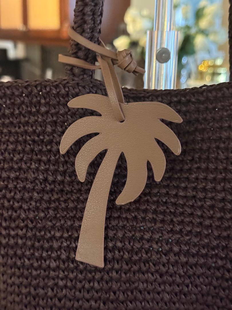Trending Beaded Bags and Resort Collection - Brown Small Wicker Tote with Palm Tree Charm