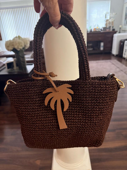 Trending Beaded Bags and Resort Collection - Brown Small Wicker Tote with Palm Tree Charm