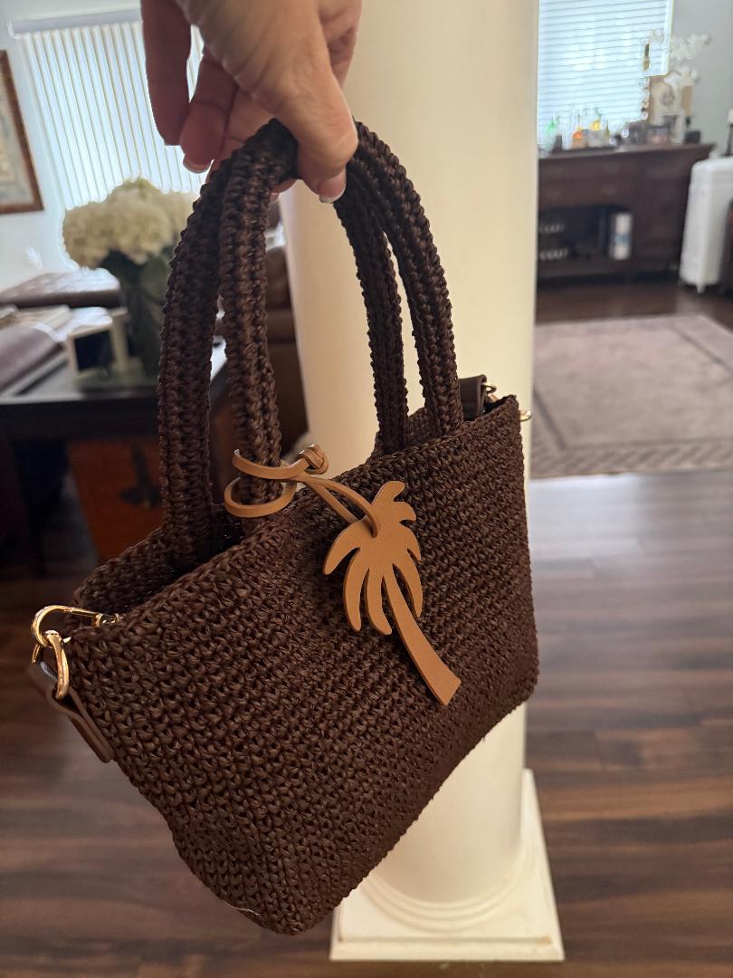 Trending Beaded Bags and Resort Collection - Brown Small Wicker Tote with Palm Tree Charm