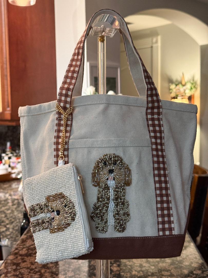 Trending Beaded Bags and Resort Collection - Golden Doodle Dog Tote with Matching Coin Purse