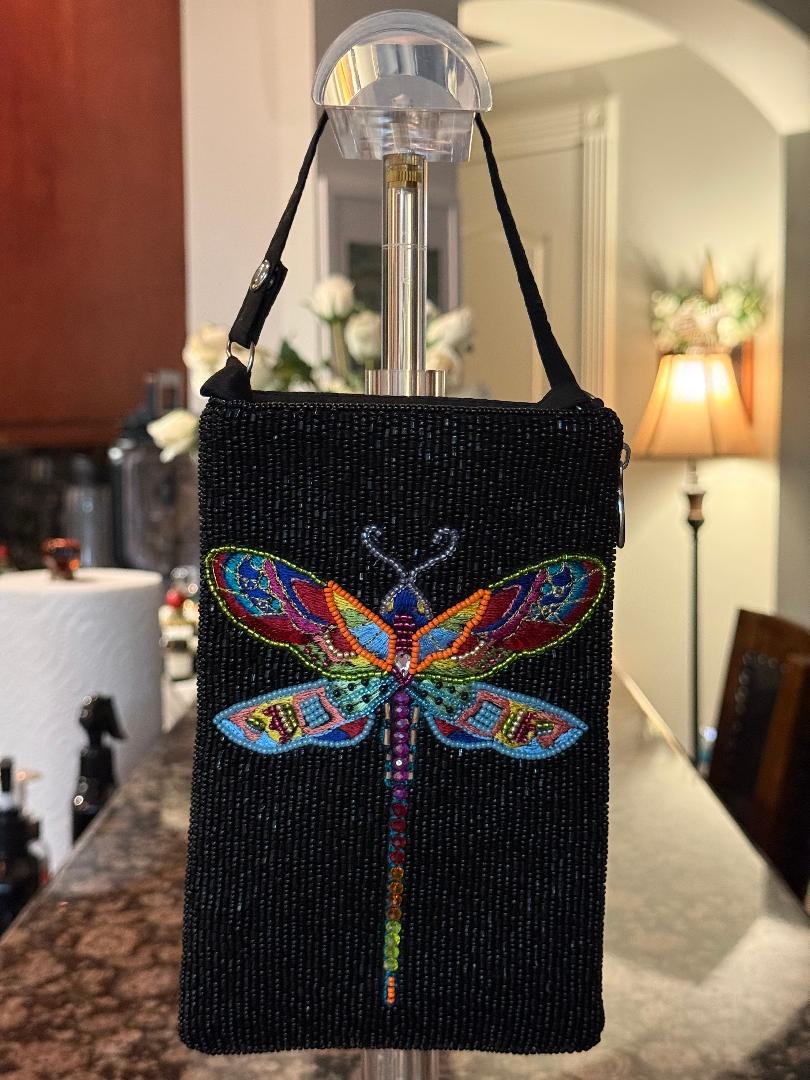 Trending Beaded Bags and Resort Collection - Dragonfly Multi Colored Black Crossbody Bag