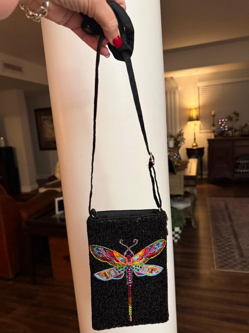 Trending Beaded Bags and Resort Collection - Dragonfly Multi Colored Black Crossbody Bag